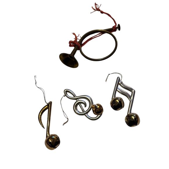 Lot 4 Music Note Ornaments Treble Clef Notes Brass Horn Jingle Bells Christmas - Picture 2 of 8